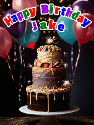 Happy Birthday Jake GIF: Beautiful birthday cake animated gif, a celebration of balloons, confetti, and sparklers. Customize banner and name.