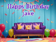 Happy Birthday Jake GIF: Animated gif happy birthday with 3 rings of fireworks in front of a party room sofa. Customize it.