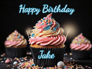 Happy Birthday Jake GIF: A delicious cupcake gif with animated sparkles reading Happy Birthday with a name to customize