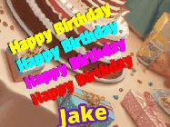 Happy Birthday Jake GIF: Happy birthday animated gif with name to customize depicting 3 star fireworks over a birthday table background.