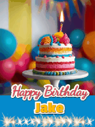 Happy Birthday Jake GIF: A birthday card gif with a cake and candle and a blue ribbon with animated sparklers. Reads Happy Birthday Name