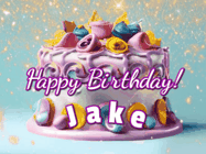Happy Birthday Jake GIF: A beautiful birthday cake gif with animated sparkles and glitter Happy Birthday Name you can customize