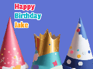 Happy Birthday Jake GIF: Animated happy birthday gif with showing 3 party hats and confetti bursting over them.