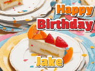 Happy Birthday Jake GIF: A very orange happy birthday card gif with popping out confetti showing a slice of birthday cake and customizable name.
