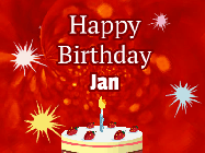 Happy Birthday Jan GIF: A bright red happy birthday gif animated with a cake candle, and glitter and sparkles. Customize with name.