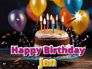 Happy Birthday Jan GIF: A birthday cake with flickering candles gif with text reading Happy Birthday and a Name slot to customize