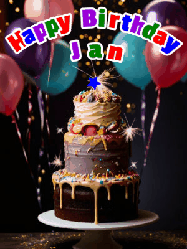 Happy Birthday Jan GIF: Beautiful birthday cake animated gif, a celebration of balloons, confetti, and sparklers. Customize banner and name.