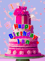 Happy Birthday Jan GIF: A big beautiful birthday cake gif with falling confetti, sparklers, and balloons, reads Happy Birthday Name. Customize it.
