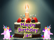 Happy Birthday Jan GIF: An animated gif with 2 unicorns and a birthday candle on a cake.