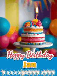 Happy Birthday Jan GIF: A birthday card gif with a cake and candle and a blue ribbon with animated sparklers. Reads Happy Birthday Name