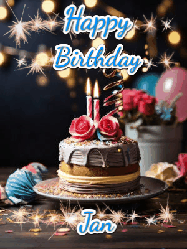 Happy Birthday Jan GIF: Sparkles and glitter happy birthday gif with a cake and flickering candles and sparklers behind the words happy birthday customize