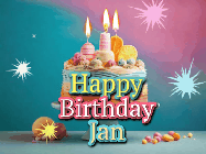 Happy Birthday Jan GIF: A colorful animated Happy Birthday Cake GIF with swirling sparkles and flickering candles. It reads Happy Birthday Name