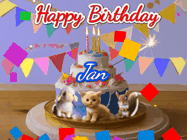 Happy Birthday Jan GIF: Happy Birthday Cake GIF with a cat, lamb, and squirrel on the cake with flickering candles, a sparkler, and falling confetti. Reads Happy Birthday Name and you can customize the name