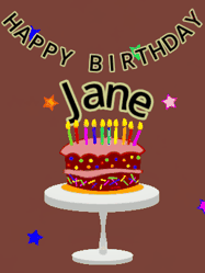 Happy Birthday Jane GIF: Animated birthday gif of a chocolate cartoon cake and stars. Animated text can be customized with name.