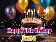 Happy Birthday Jane GIF: A birthday cake with flickering candles gif with text reading Happy Birthday and a Name slot to customize