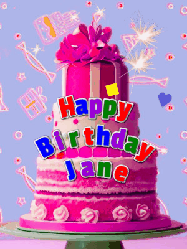 Happy Birthday Jane GIF: A big beautiful birthday cake gif with falling confetti, sparklers, and balloons, reads Happy Birthday Name. Customize it.