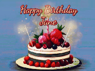 Happy Birthday Jane GIF: Animated GIF of a birthday cake covered in berries with 2 sparklers and a candle, reads Happy Birthday Name. Customize it.