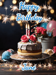 Happy Birthday Jane GIF: Sparkles and glitter happy birthday gif with a cake and flickering candles and sparklers behind the words happy birthday customize