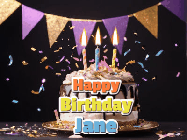 Happy Birthday Jane GIF: Happy birthday cake animated gif with flickering candles, animated text, and falling confetti. Customize text reading Happy Birthday Customize.