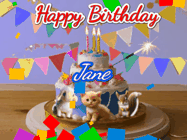 Happy Birthday Jane GIF: Happy Birthday Cake GIF with a cat, lamb, and squirrel on the cake with flickering candles, a sparkler, and falling confetti. Reads Happy Birthday Name and you can customize the name