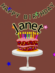Happy Birthday Janet GIF: Animated birthday gif of a chocolate cartoon cake and stars. Animated text can be customized with name.
