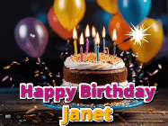 Happy Birthday Janet GIF: A birthday cake with flickering candles gif with text reading Happy Birthday and a Name slot to customize