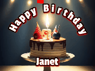 Happy Birthday Janet GIF: Animated happy birthday gif with a cake and flickering candles with colorful falling confetti and text reading Happy Birthday