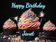 Happy Birthday Janet GIF: A delicious cupcake gif with animated sparkles reading Happy Birthday with a name to customize