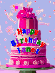 Happy Birthday Janet GIF: A big beautiful birthday cake gif with falling confetti, sparklers, and balloons, reads Happy Birthday Name. Customize it.