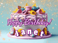 Happy Birthday Janet GIF: A beautiful birthday cake gif with animated sparkles and glitter Happy Birthday Name you can customize