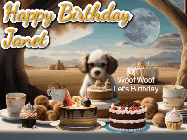 Happy Birthday Janet GIF: Animated birthday gif with a dog at a fancy birthday table loaded with cakes as hearts appear. It reads Happy Birthday Customize.