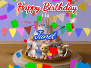 Happy Birthday Janet GIF: Happy Birthday Cake GIF with a cat, lamb, and squirrel on the cake with flickering candles, a sparkler, and falling confetti. Reads Happy Birthday Name and you can customize the name
