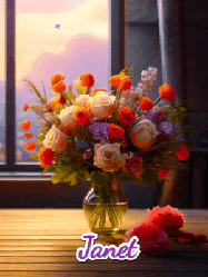 Happy Birthday Janet GIF: A vase of flowers and animated hearts pop in and out as the words Happy Birthday Name appears that you can customize