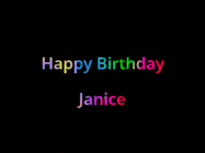 Happy Birthday Janice GIF: Happy birthday gif with animated rainbow lettering on a black background with hearts float up past them.