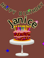 Happy Birthday Janice GIF: Animated birthday gif of a chocolate cartoon cake and stars. Animated text can be customized with name.