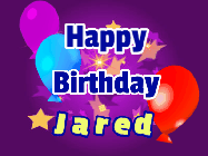 Happy Birthday Jared GIF: A lovely purple birthday gif animated with moving text, a balloon, and bubbles. Customize it.