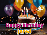 Happy Birthday Jared GIF: A birthday cake with flickering candles gif with text reading Happy Birthday and a Name slot to customize