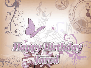 Happy Birthday Jared GIF: Classical birthday gif background with colorful musical notes floating past and a name you can customize, reads Happy Birthday.