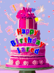 Happy Birthday Jared GIF: A big beautiful birthday cake gif with falling confetti, sparklers, and balloons, reads Happy Birthday Name. Customize it.
