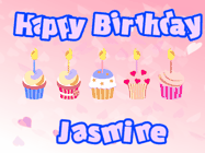 Happy Birthday Jasmine GIF: Pink animated birthday gif with 5 cupcakes and candles and animated text you can customize with name.