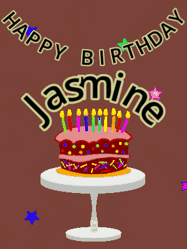 Happy Birthday Jasmine GIF: Animated birthday gif of a chocolate cartoon cake and stars. Animated text can be customized with name.