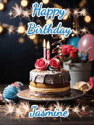 Happy Birthday Jasmine GIF: Sparkles and glitter happy birthday gif with a cake and flickering candles and sparklers behind the words happy birthday customize