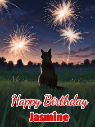 Happy Birthday Jasmine GIF: An animated gif at night showing the backside of a sitting cat who watches sparkle and fireworks over a meadow. Customize name and happy birthday.