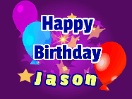 Happy Birthday Jason GIF: A lovely purple birthday gif animated with moving text, a balloon, and bubbles. Customize it.