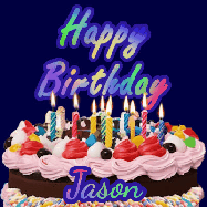 Happy Birthday Jason GIF: A dark blue birthday gif with a beautiful cake with flickering candles, background sparkles and a name to customize.