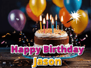Happy Birthday Jason GIF: A birthday cake with flickering candles gif with text reading Happy Birthday and a Name slot to customize