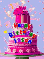 Happy Birthday Jason GIF: A big beautiful birthday cake gif with falling confetti, sparklers, and balloons, reads Happy Birthday Name. Customize it.