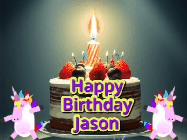 Happy Birthday Jason GIF: An animated gif with 2 unicorns and a birthday candle on a cake.