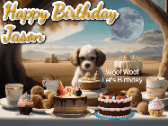 Happy Birthday Jason GIF: Animated birthday gif with a dog at a fancy birthday table loaded with cakes as hearts appear. It reads Happy Birthday Customize.