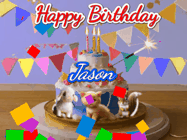 Happy Birthday Jason GIF: Happy Birthday Cake GIF with a cat, lamb, and squirrel on the cake with flickering candles, a sparkler, and falling confetti. Reads Happy Birthday Name and you can customize the name